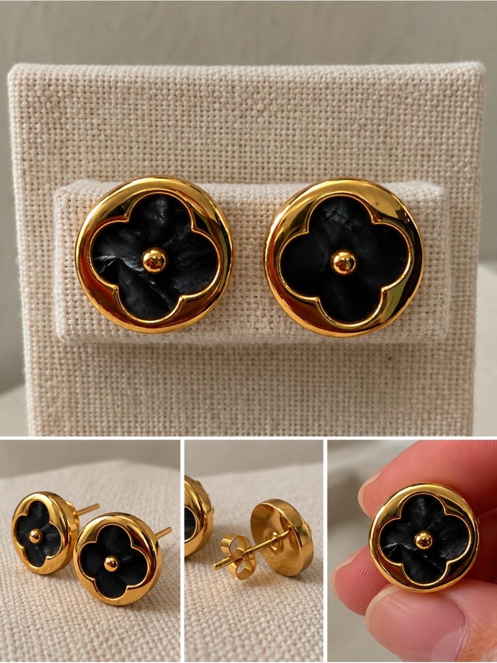 NEW Gold Stainless Steel Black Clover Stud Earrings Statement Jewelry